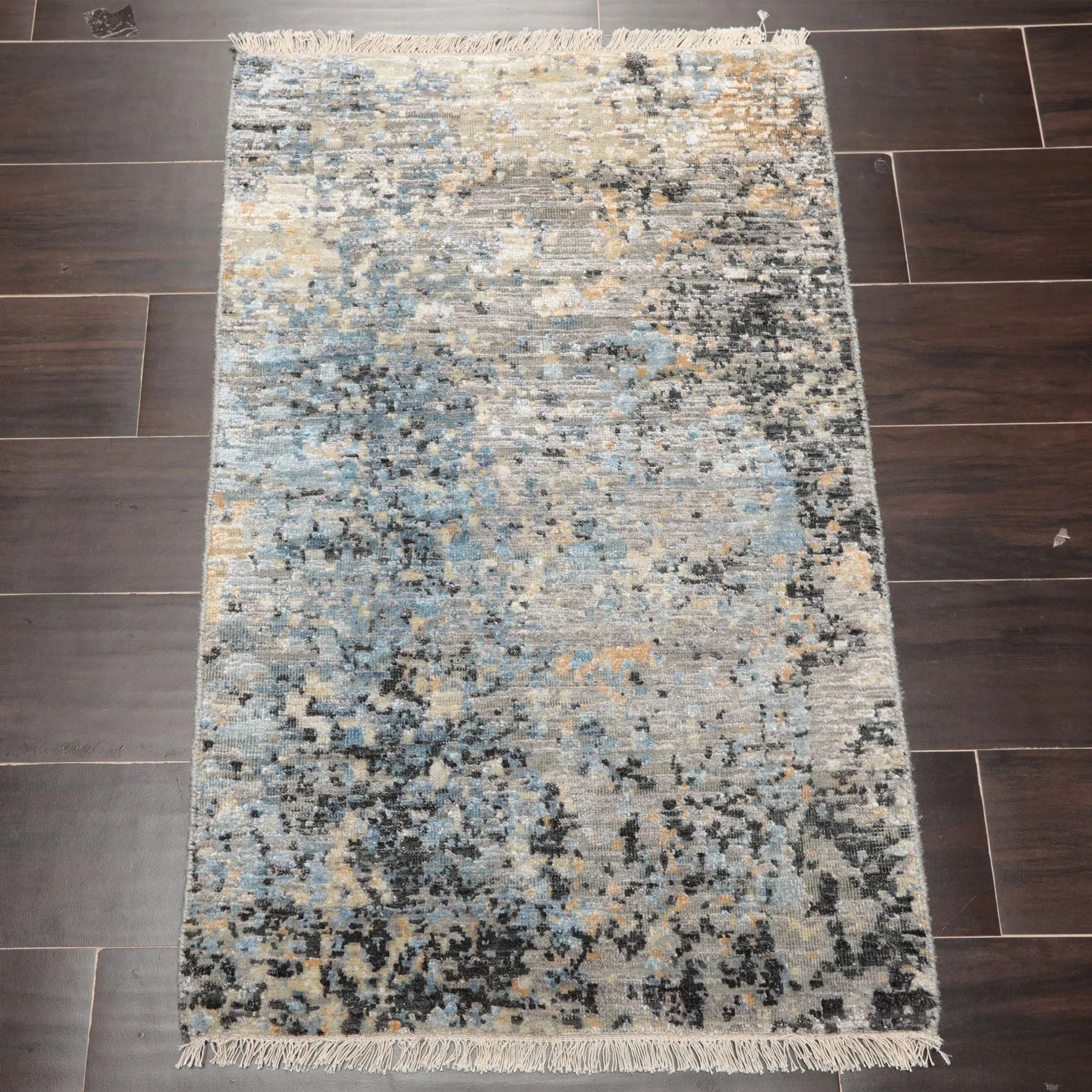 2'x3' Gray Hand Knotted Tibetan Modern Abstract Wool and Bamboo Silk Oriental Area Rug-1