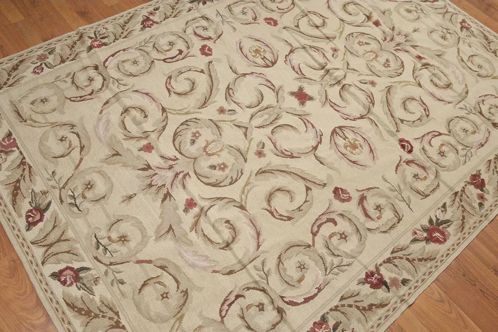 5'5''x7'8" Beige Hand Woven Floral French Country Flatweave Aubusson Wool Oriental Area Rug-1