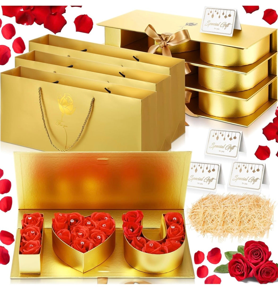 "I Love You" Box Cardboard 3 Fillable Flower Box 3 Gift Bags 3 Greeting Cards Raffia Paper Shreds for DIY Valentine's Day Wedding Bridal Shower Birthday Chocolate Gifts Packaging