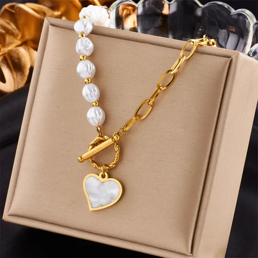 Titanium  Steel Gold Color Heart Pearl Pendant Necklace For Women Punk Street Rustproof Neck Jewelry Party Gift