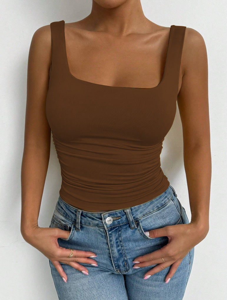 Sleeveless camisole vest with square neckline and exposed navel top