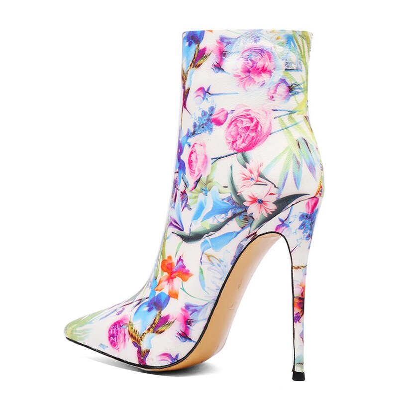 Spring Autumn Women Pointed Toe Sexy Stilettos Steel Heels 12cm Zipper Flowers Ankle Boots Large Size 43 44 45 New