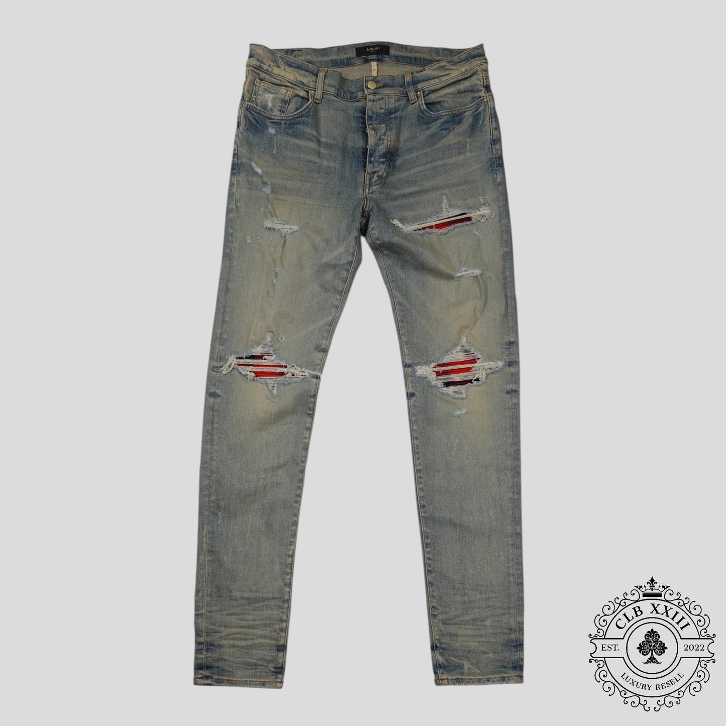 Amiri MX1 Plaid Patch Jeans in Clay Indigo/Red