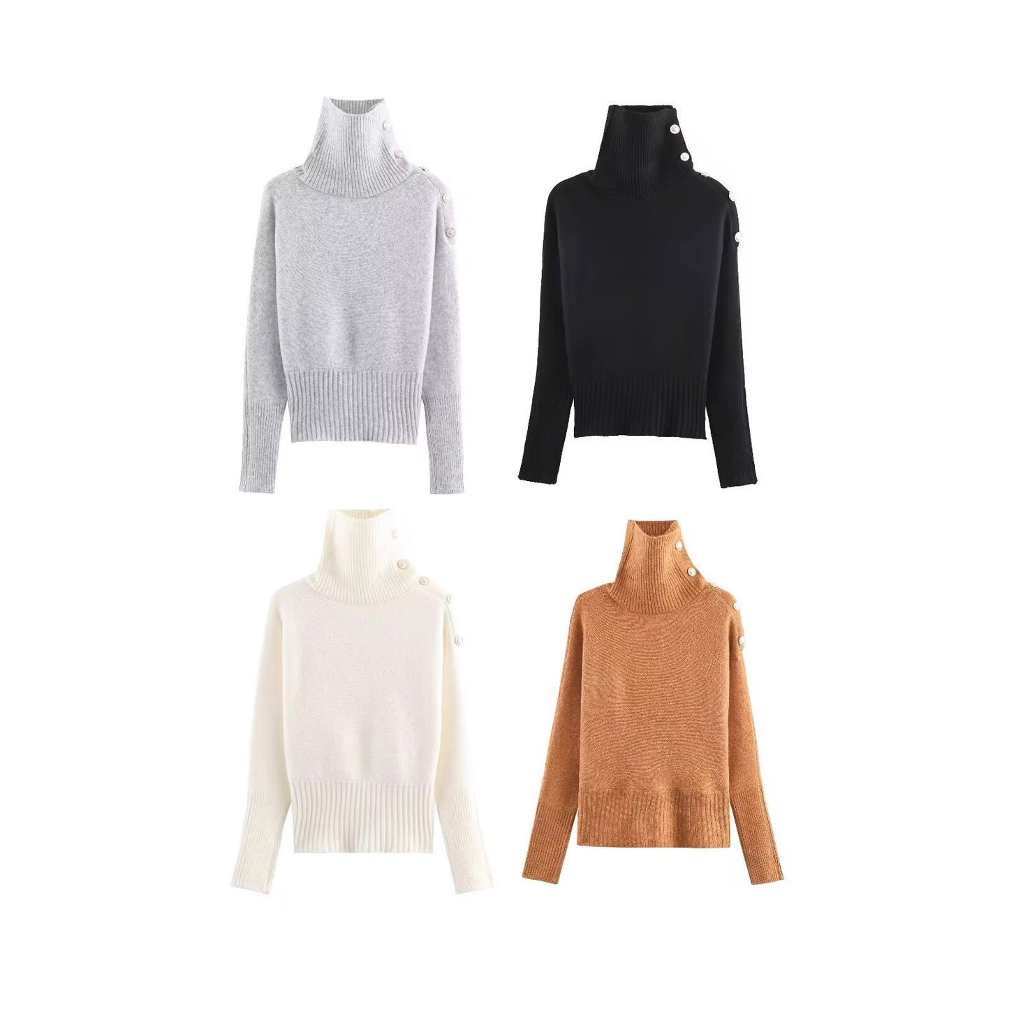 Street casual shoulder button stand up collar knitted sweater