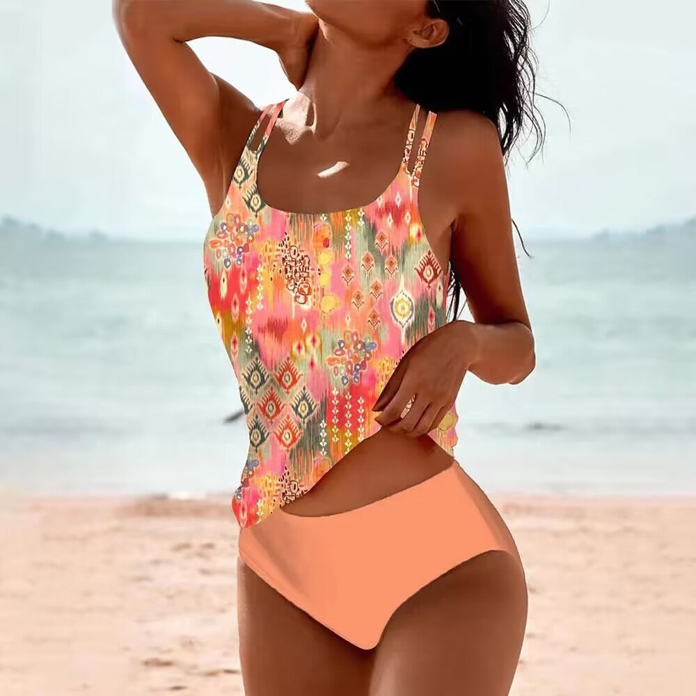 Printed split high waisted swimsuit