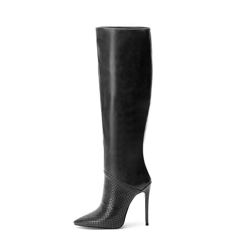 Fall Fashion Women Party Shoes Royal Blue Sexy Stone Pattern Stiletto Heel Boots Big Size 45 Pointy Toe Knee High Long Boots