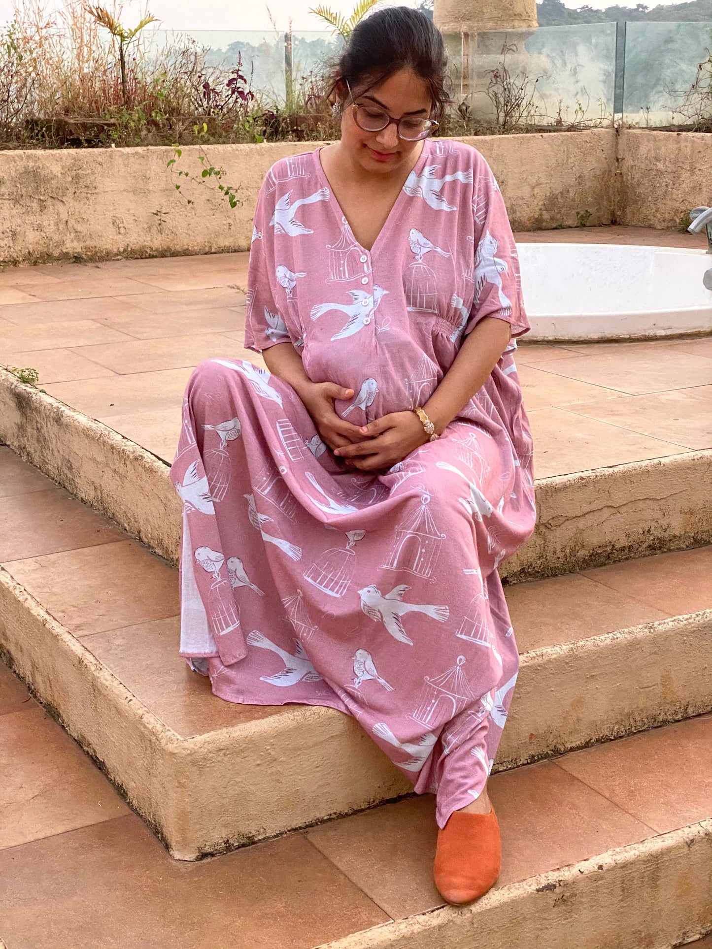 Rose gold Free Thinker Maternity "Stunningly Simple" Style Caftan | Soft Jersey Knit Organic Cotton | Maternity House Dress-0