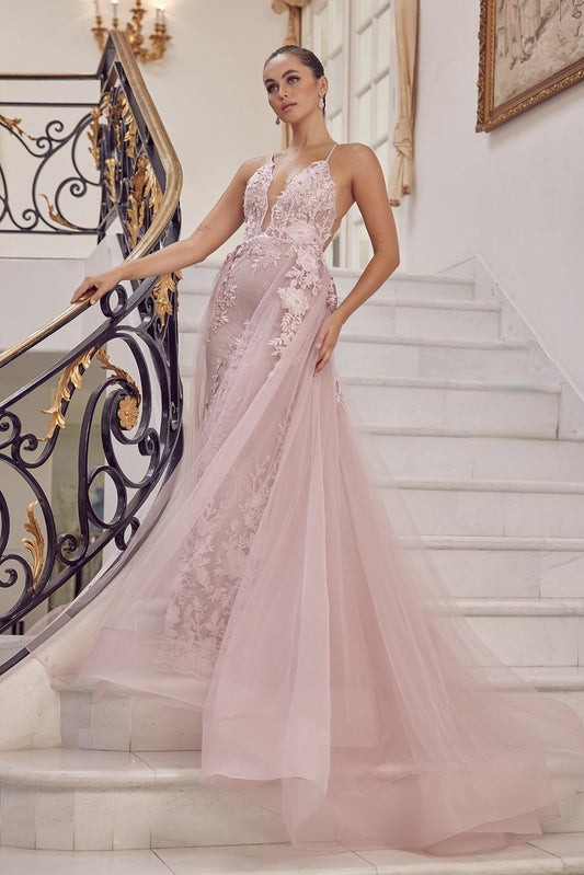 Pearls Embellished Long Formal Gown w/ Floral Motif & Plunging Neckline NXF485