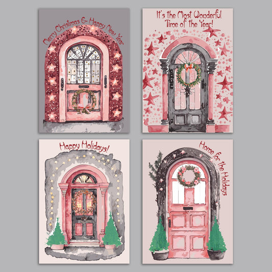 Nostalgic Christmas Front Door Greeting Cards, Set of 24