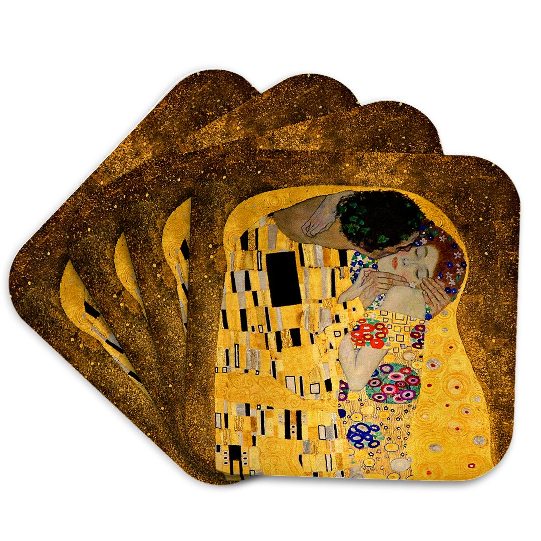 3dRose InspirationzStore Vintage Art - The Kiss c 1907 by Gustav Klimt - romantic lovers embrace - romance - gold famous classical fine art - Coasters (cst_155634)