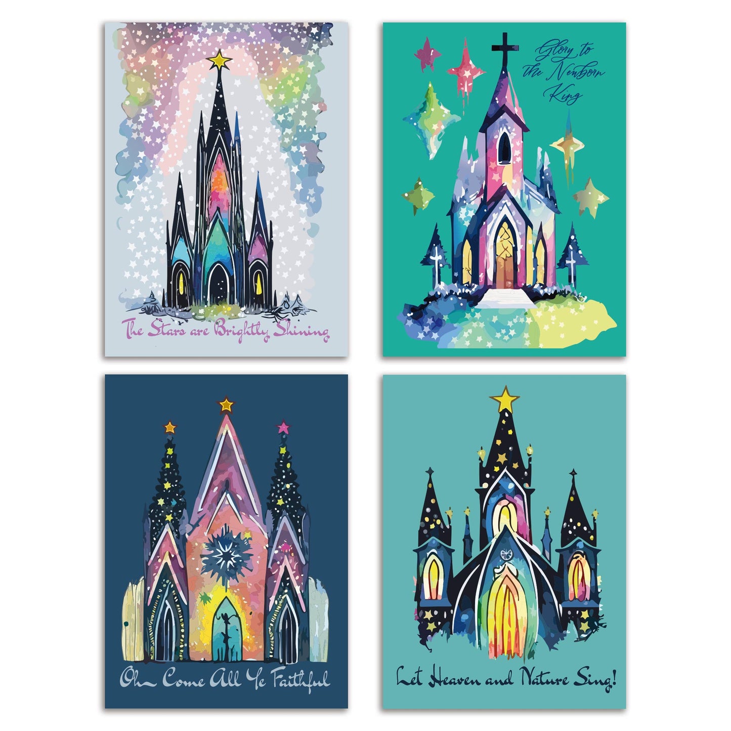 Whimsical Church Christmas Greeting Cards, Set of 24