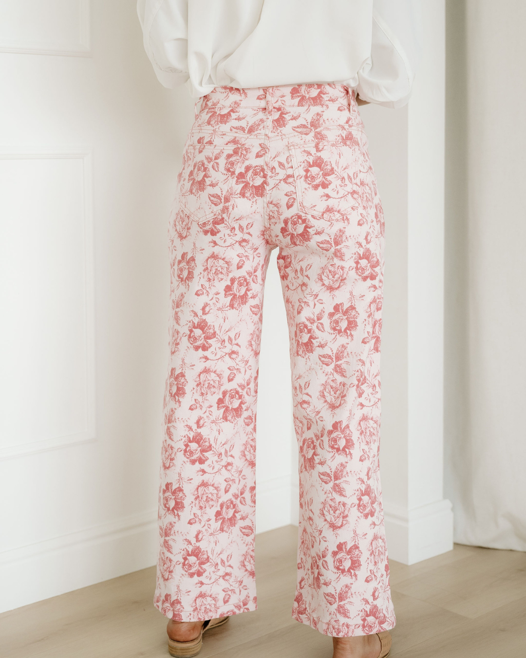 Pink Vintage Floral Print Denim Shift Pants