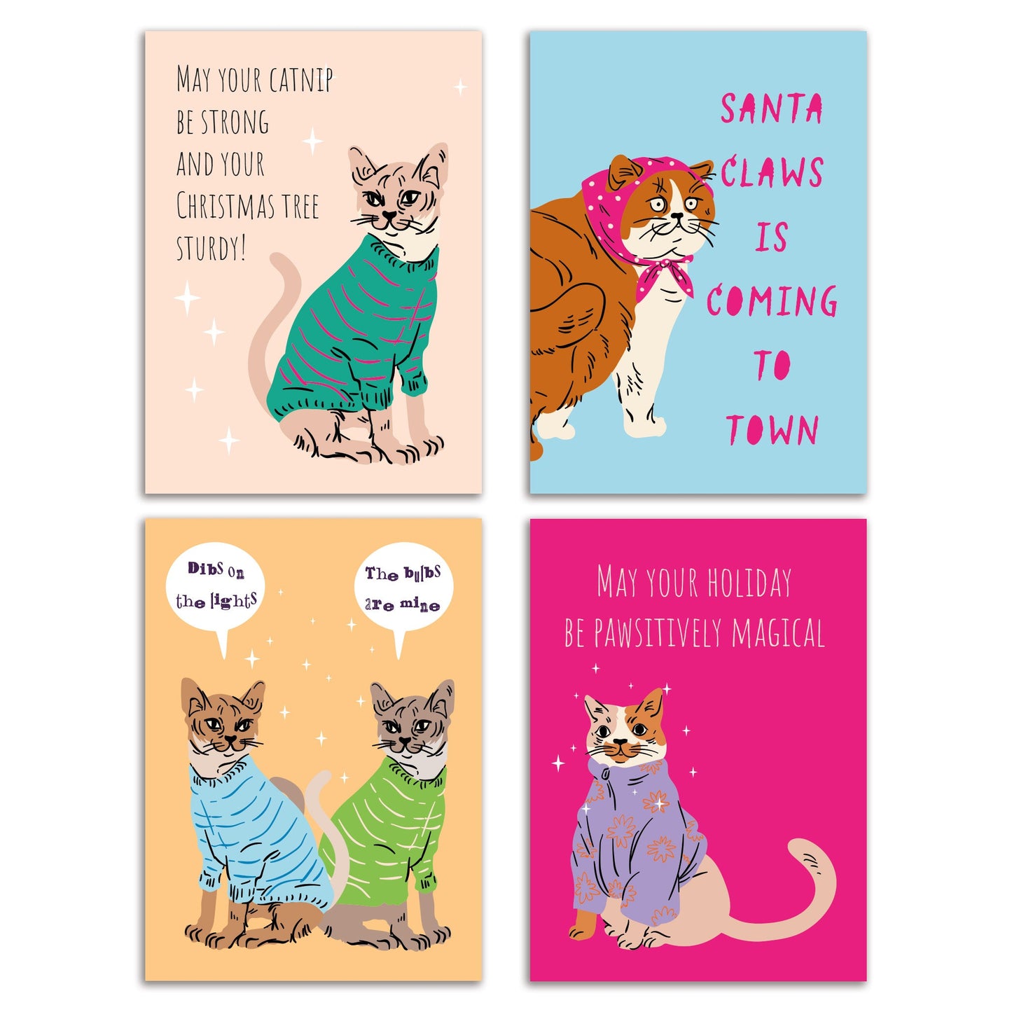 Cat Christmas Greeting Cards, Set of 24