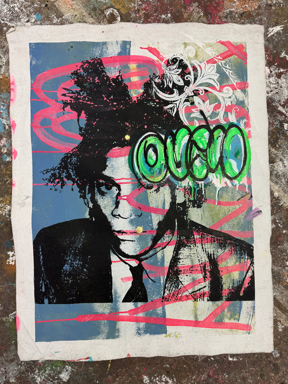 Artistic portrait with abstract elements and text on a textured surface. #1 Basquiat - Silk Screen, Acrylic & Spray Paint on canvas, 2024
