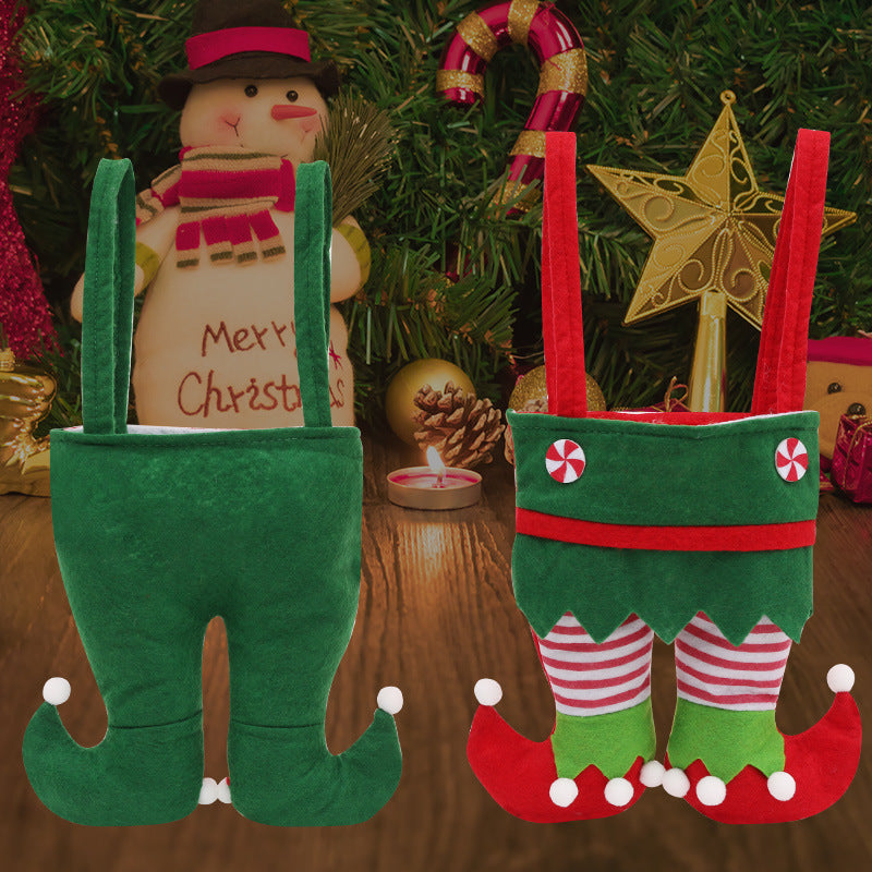 Elf Christmas gift bags with whimsical elf legs and colorful holiday accents, reusable fabric gift totes for Christmas presents, candy, treats, party favors, and festive seasonal home décor.