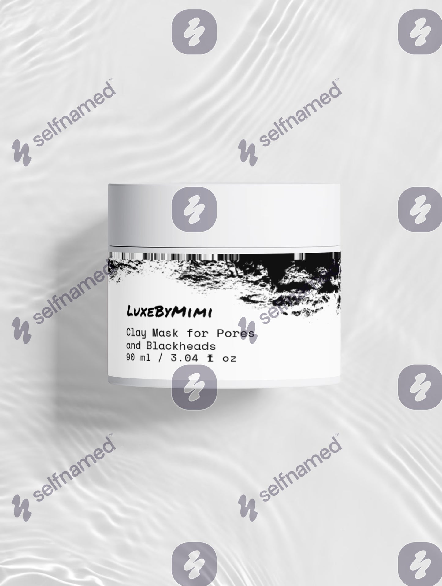 A white cosmetic jar labeled 'LUXBYMIMI Clay Mask for Pores and Blackheads 90 ml / 3.04 fl oz' centered on a light gray wavy background with repeated 'selfnamed' watermarks.