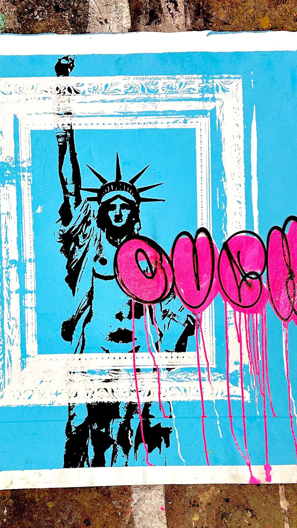 Stylized depiction of the Statue of Liberty with 'OUUU' text on a blue background. Framed Liberty Ouch - Silk Screen, Acrylic & Spray Paint on canvas, 2024