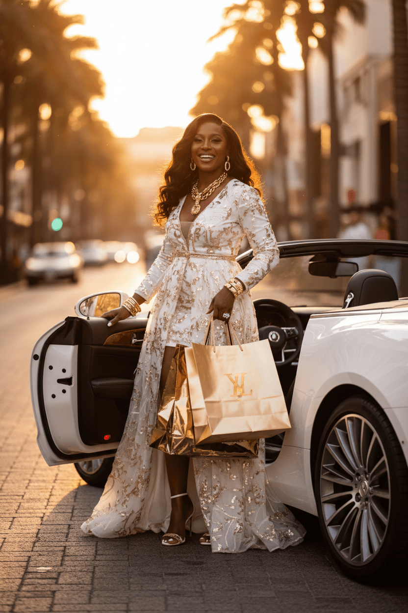 Woman in a white dress standing next to a white convertible car on a city street at sunset. Lucky Rich Girl Hoodoo Conjure Oil | Wealth, Beauty, Glamour & Good Fortune Conjure Oil | Limited Edition