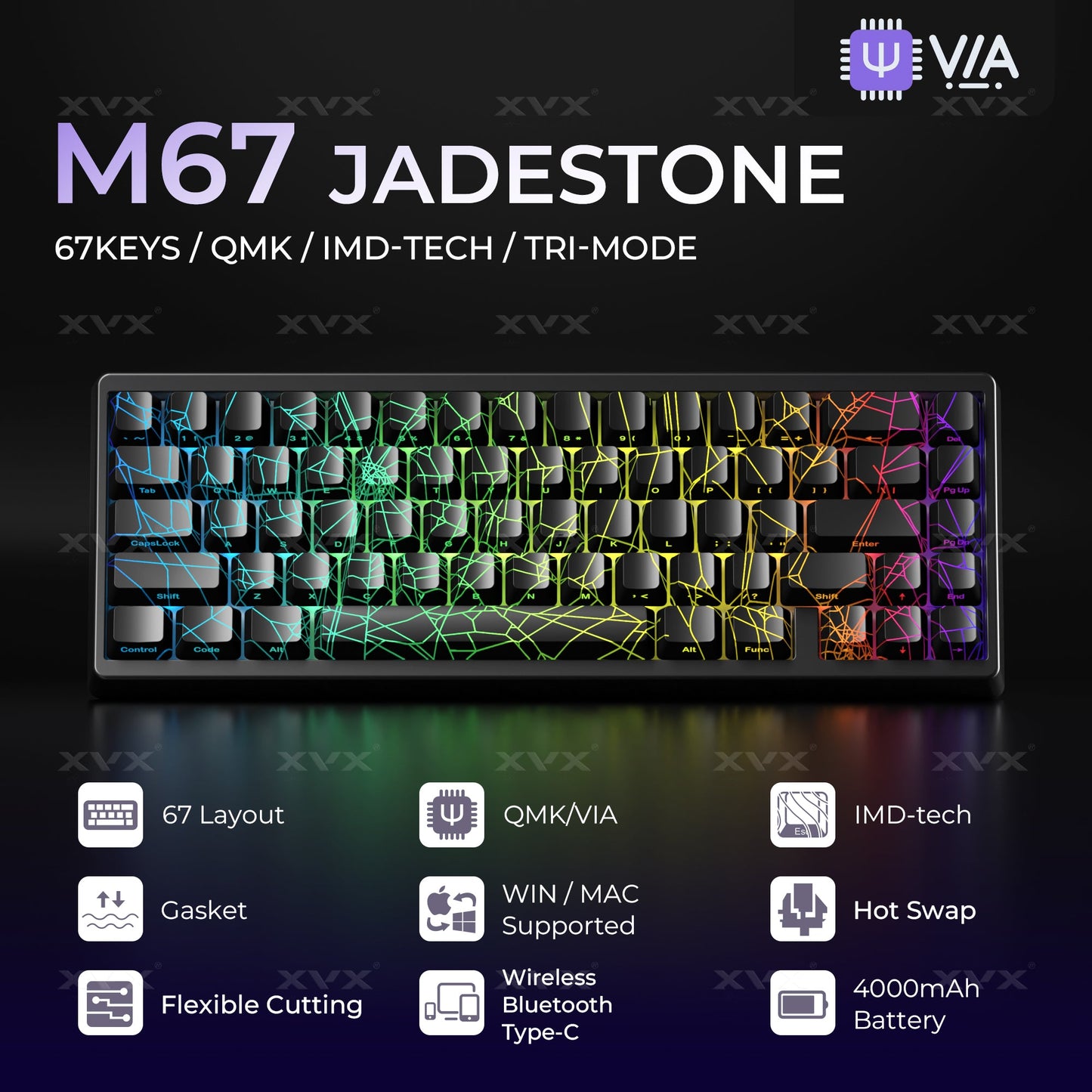 XVX M67 JadeStone VIA Tri-Mode Mechanical Keyboard with IMD-Tech Keycaps (Spider Web)