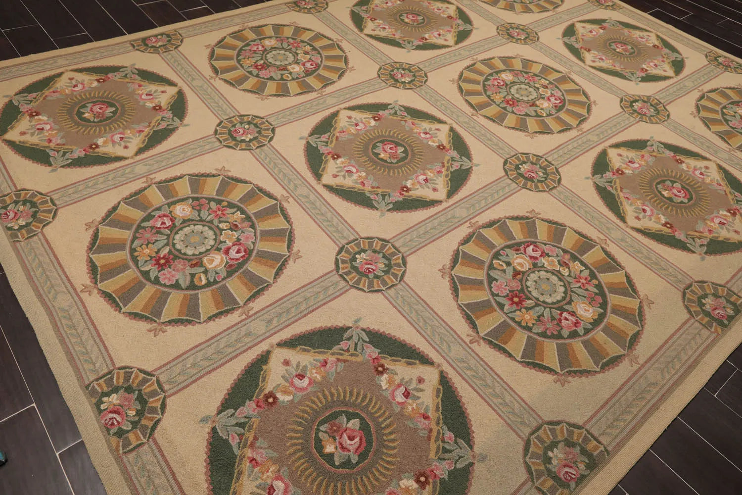 9x12 Beige Hand Hooked 100% Wool Traditional French Aubusson Oriental Area Rug-1