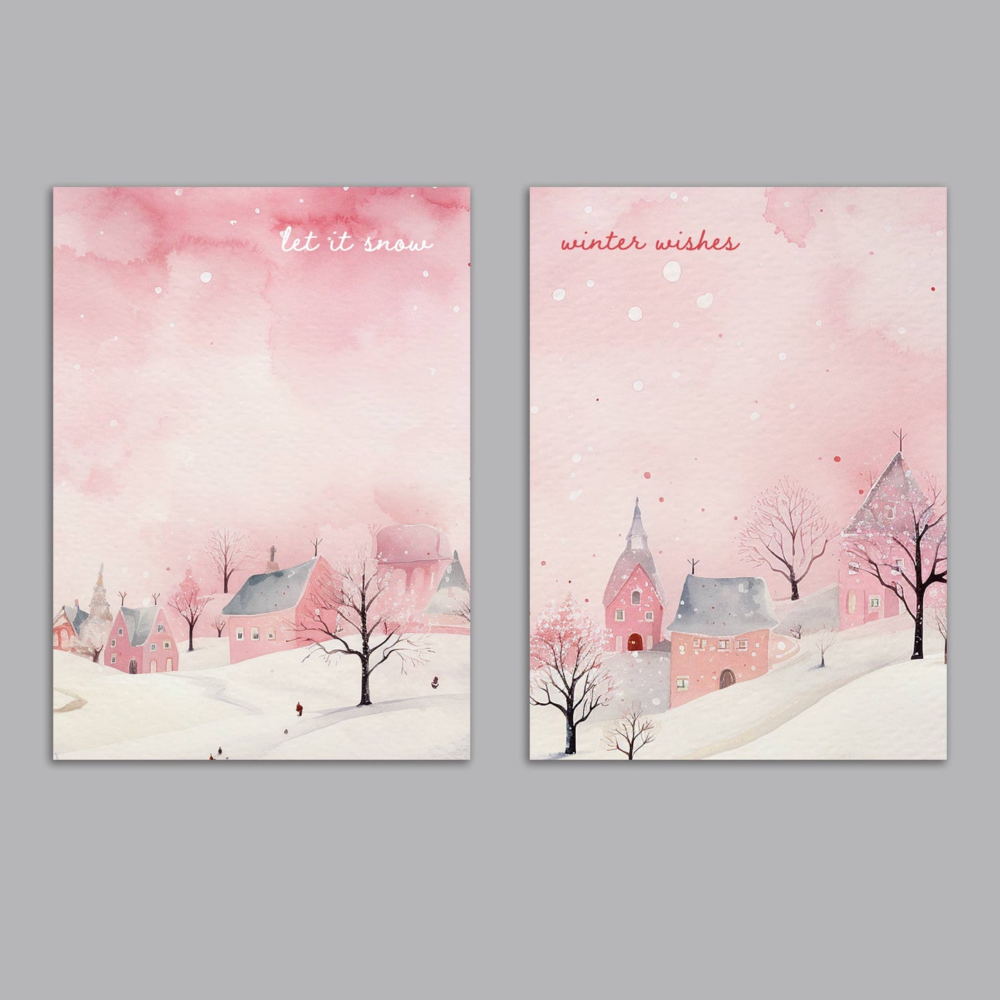 Pink Village Holiday Cards, Set of 24