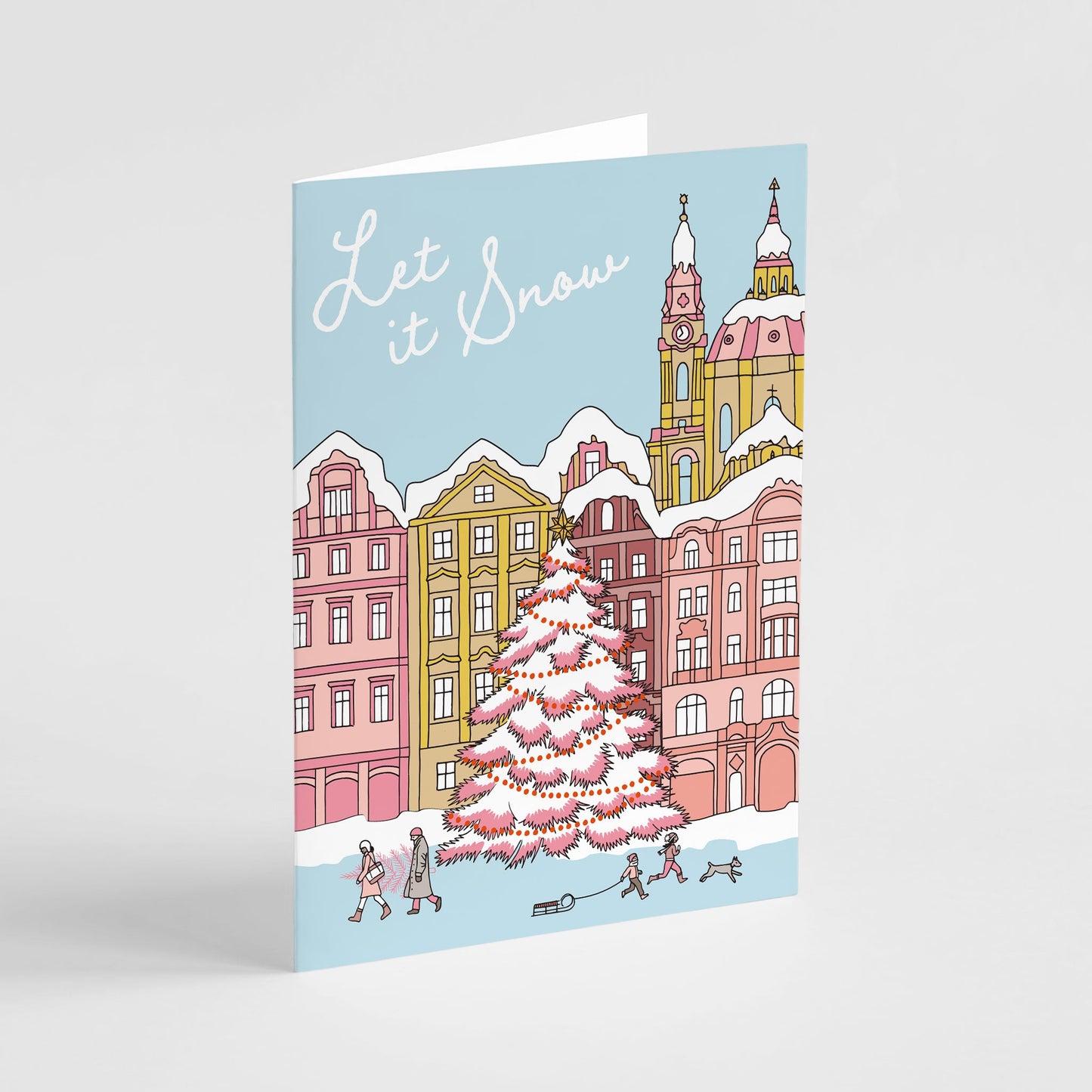Snowy Pink Town Holiday Greeting Cards, Set of 24