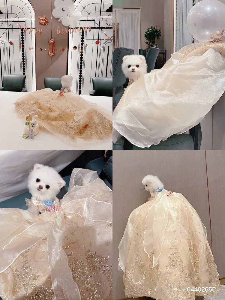 Handmade Luxurious Dog Gown Gold Glitter Pet Princess Trailing Dress Gold Glitter For Weddings Parties