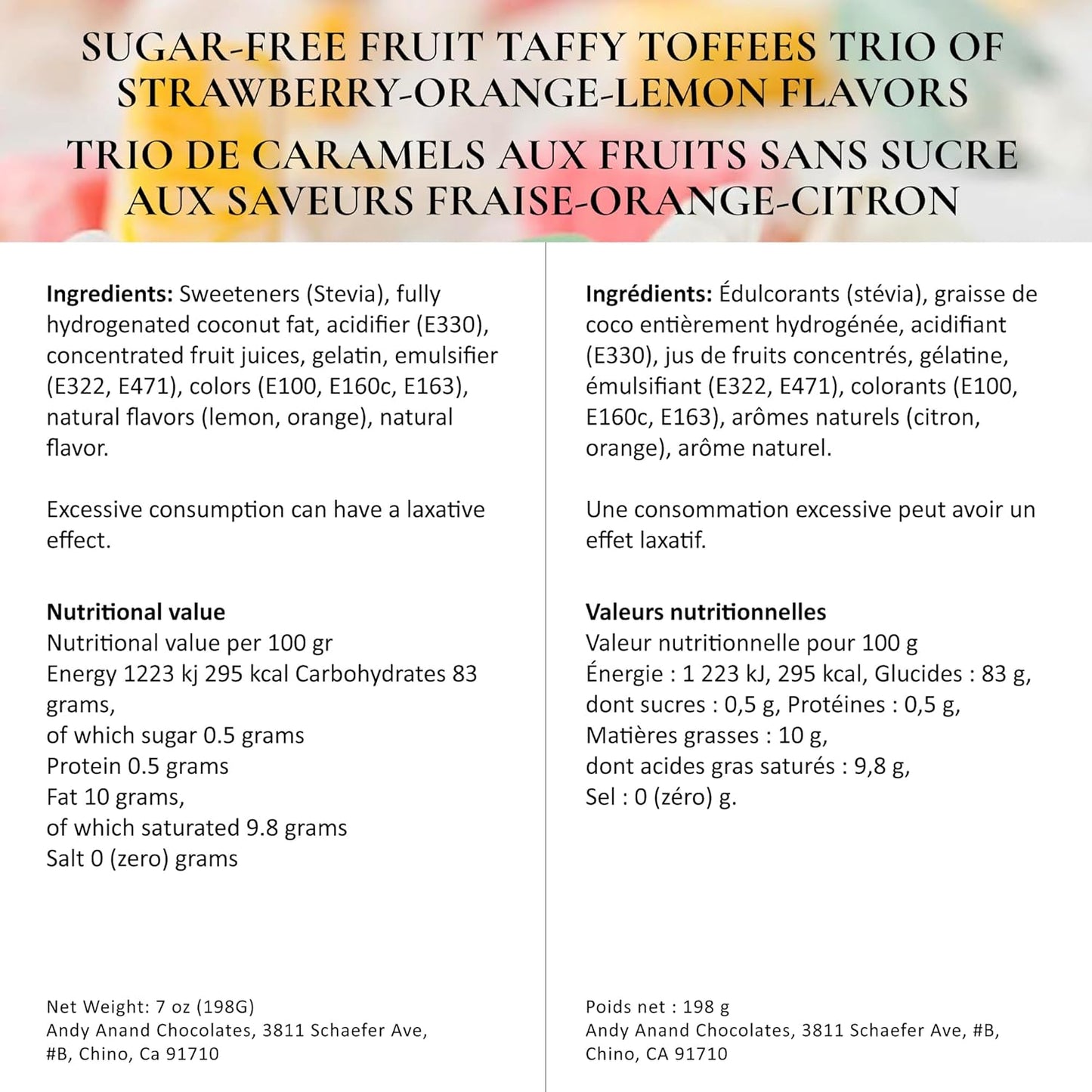 Andy Anand Sugar-Free European Fruit Taffy Toffees, 35 pc, 7 oz – Strawberry, Orange & Lemon, Gluten-Free, Diabetic-Friendly Gift Box