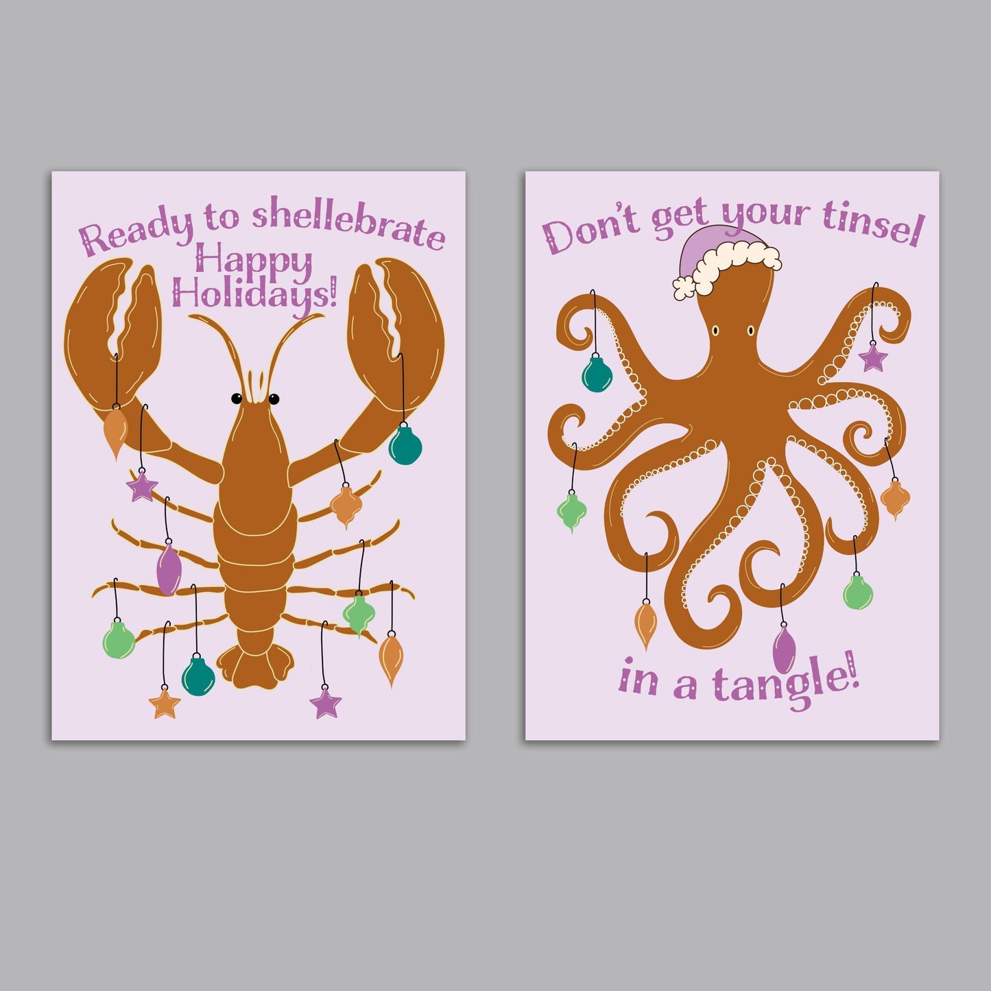 Lobster and Octopus Christmas Greeting Cards, Set of 24