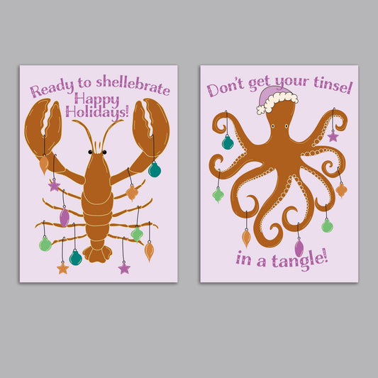 Lobster and Octopus Christmas Greeting Cards, Set of 24