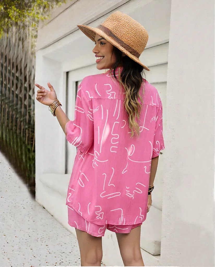 2Pcs Casual Printed Suits Short-sleeved Shirt And Drawstring Shorts Summer Fashion Womens Clothing