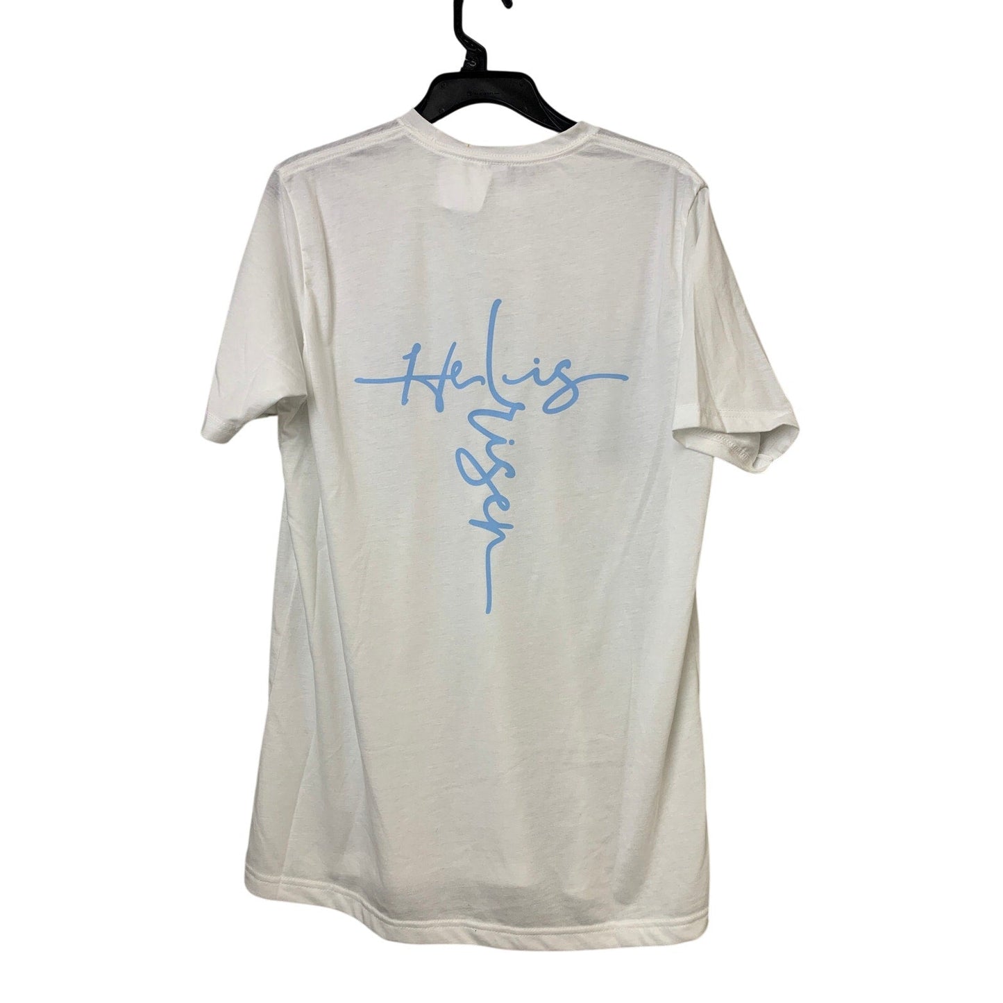New Hand Printed Womens Large He Is Risen Faith Cross Short Sleeve Tee Shirt