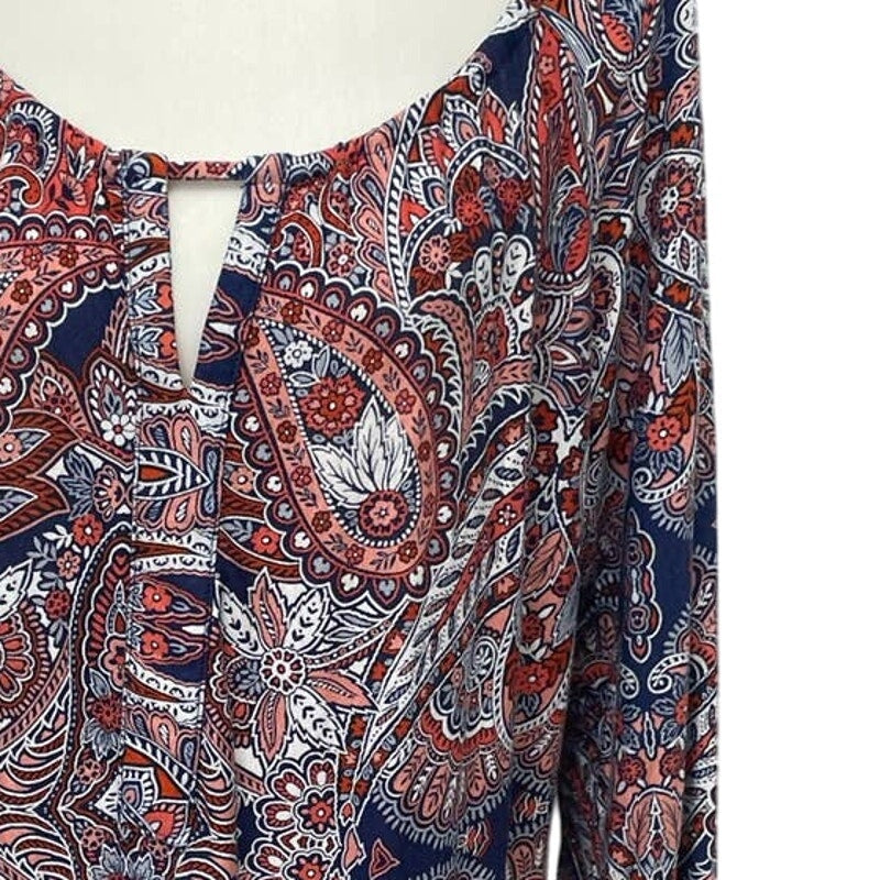 CB Womens XL 3/4 Sleeve Keyhole Front Boho Paisley Floral Flowy Rayon Blend Top
