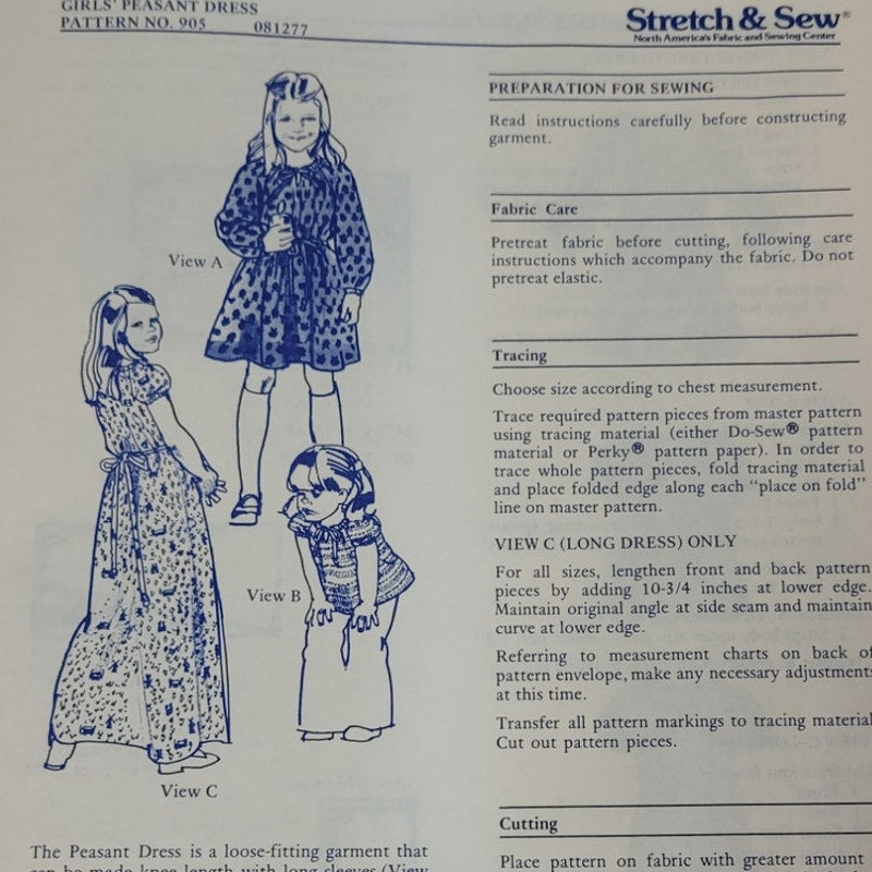 Vintage 1977 Stretch & Sew 905 Girls Peasant Dress Uncut Sewing Pattern