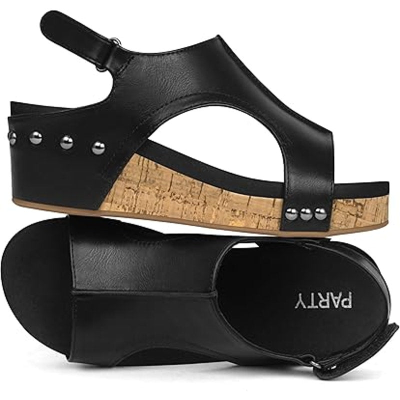 Party Womens Size 7 Black Faux Leather Hook Loop Strap 2" Cork Platform Sandals
