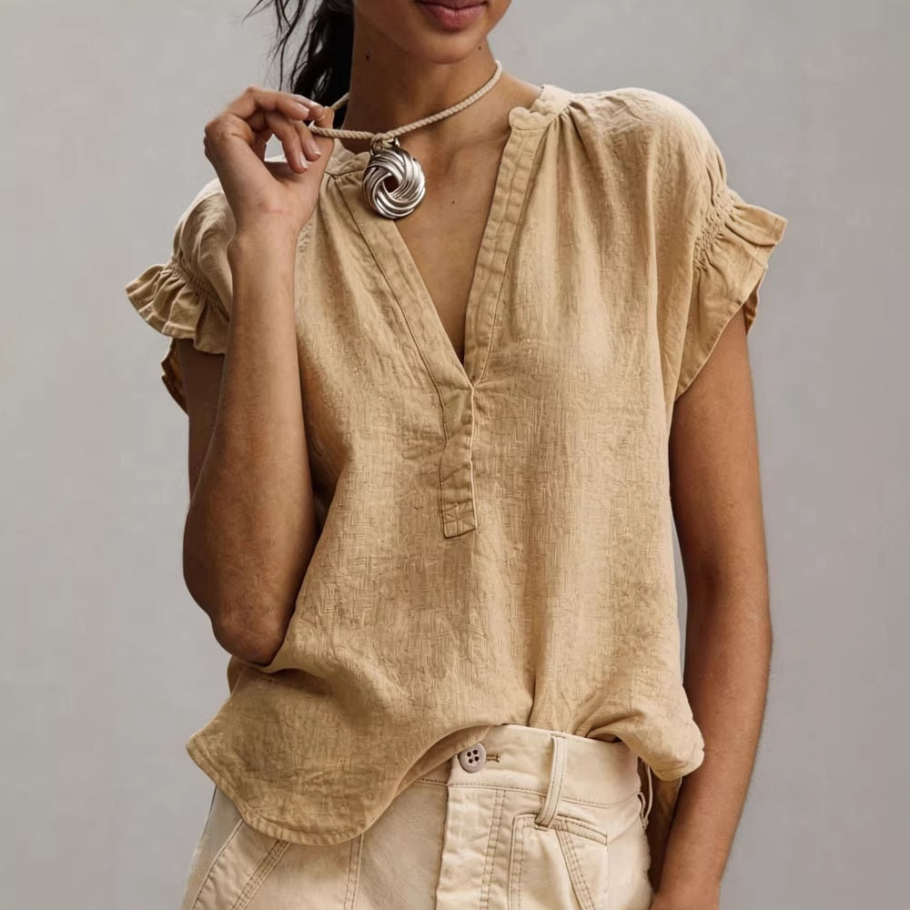 V-Neck Petal Sleeve Cotton-Linen Solid Top – 4 Colors, S–2XL