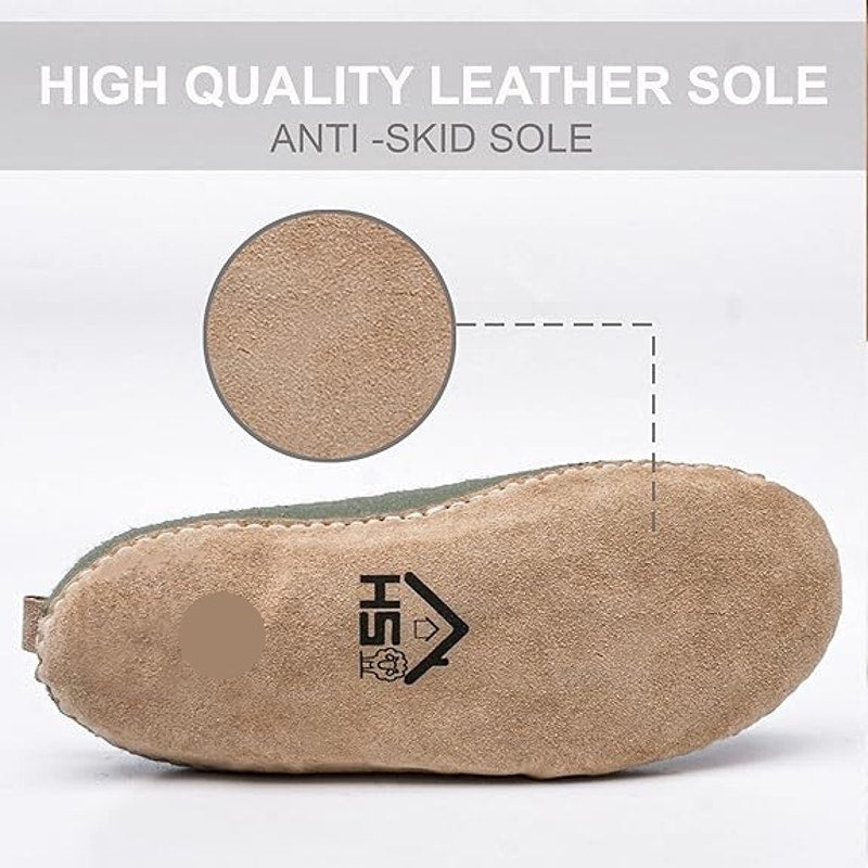HS Womens 8.5 Gray Natural Organic Wool, Genuine Leather Sole Handmade Slippers