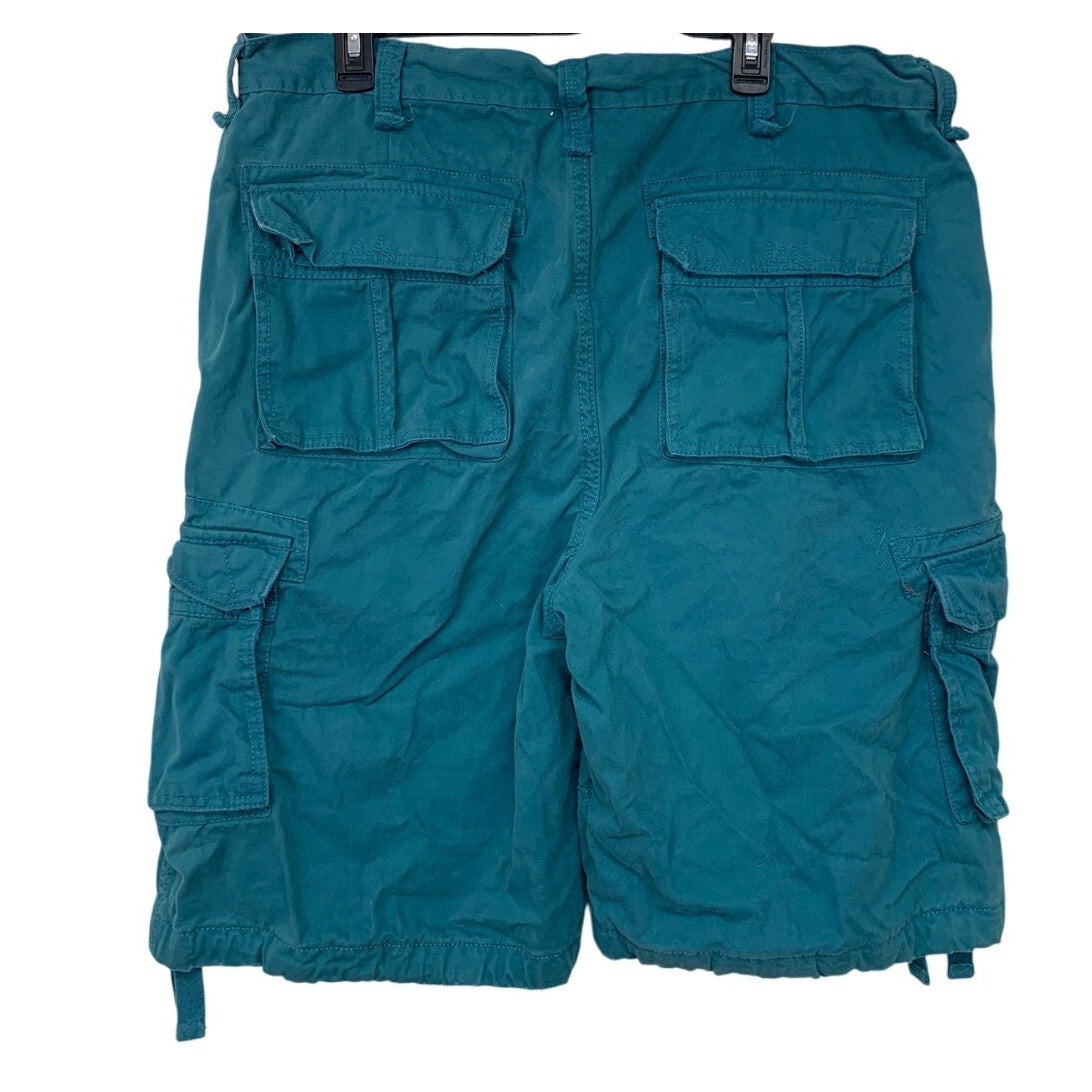 EightyNine Mens Size 40 Teal 100% Cotton Drawstring Leg Rough Edge Cargo Shorts