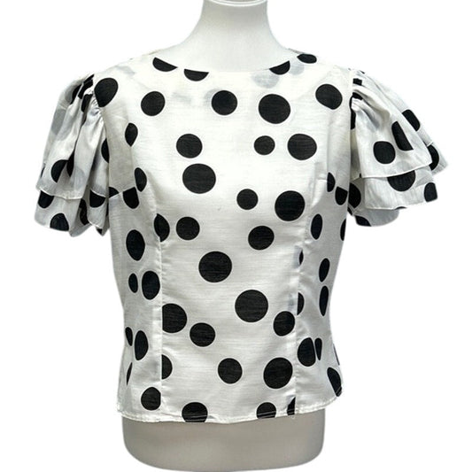 Vintage Sheer Womens Size 16 Ruffled Sleeve Polka Dot Cotton Blend Blouse Top