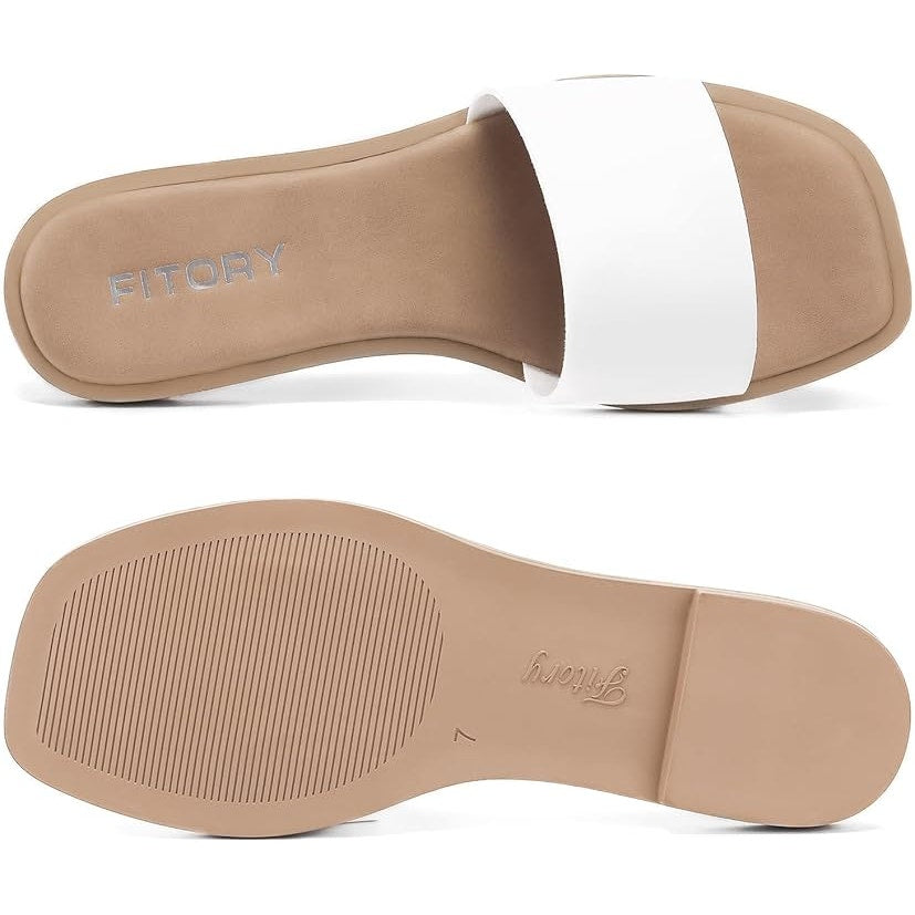 Fitory Womens Size 8 White Faux Leather Slide On Open Toe Flat Sandals Shoes