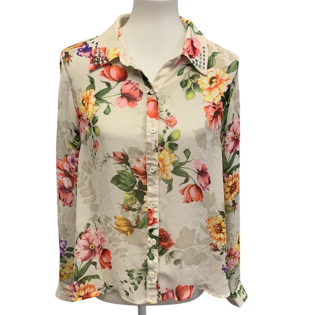 Forever 21 Womens Large Sheer Lightweight Floral Button Down Long Sleeve Blouse