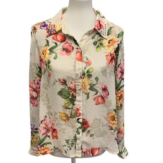 Forever 21 Womens Large Sheer Lightweight Floral Button Down Long Sleeve Blouse