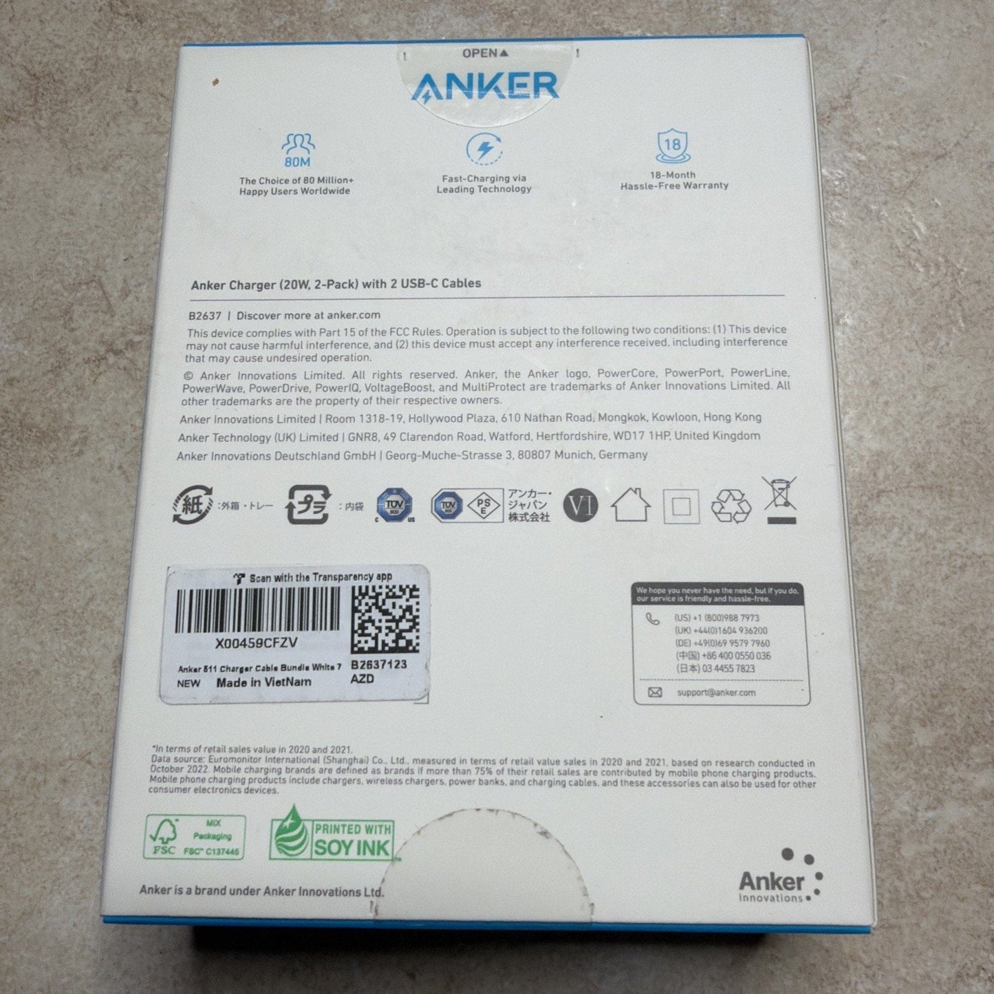 Anker 511 20W USB-C Fast Charger 2-Pack w/ Cables White NEW B2637