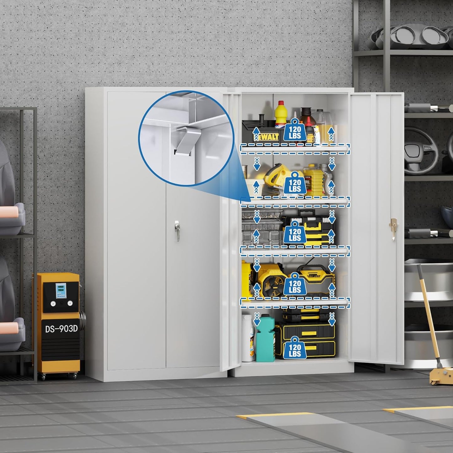 SUPEER Metal Storage Cabinet With 2 Door And 4 Adjustable Shelves,180CM Tall Steel Cabinet For Warehouse,Garage,Home,Office,Easy Assemble Required White