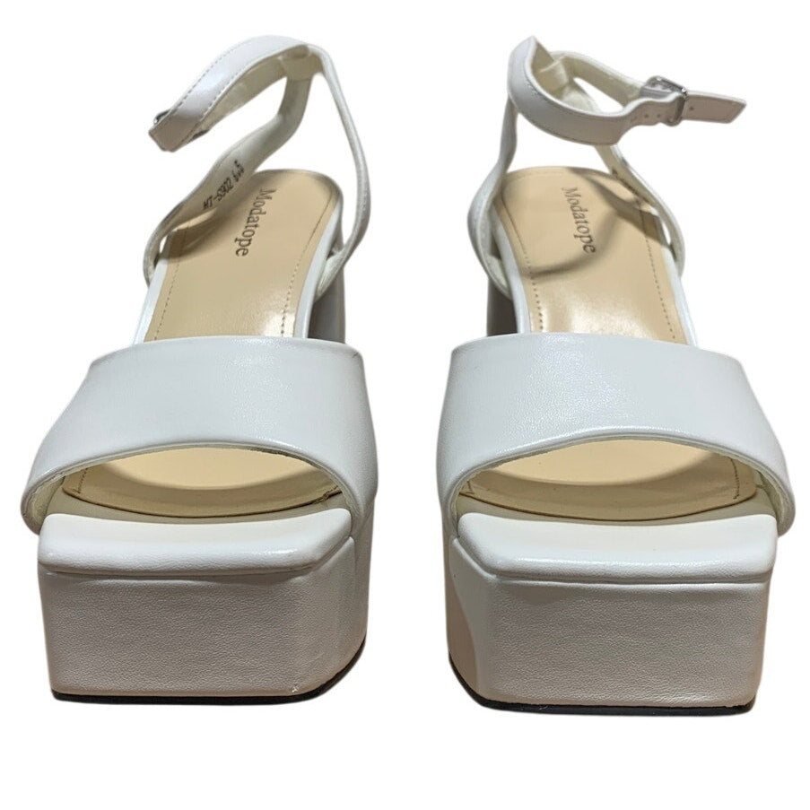 Modatope Womens 6.5 White 4.5" Platform Heels Open Square Toe Ankle Strap Shoes