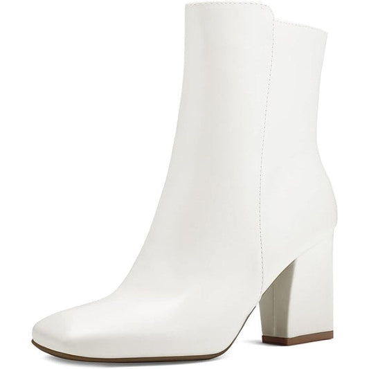 New Mysoft Womens Size 8 White Faux Leather 3" Block Heel Zip Ankle Boots w Flaw