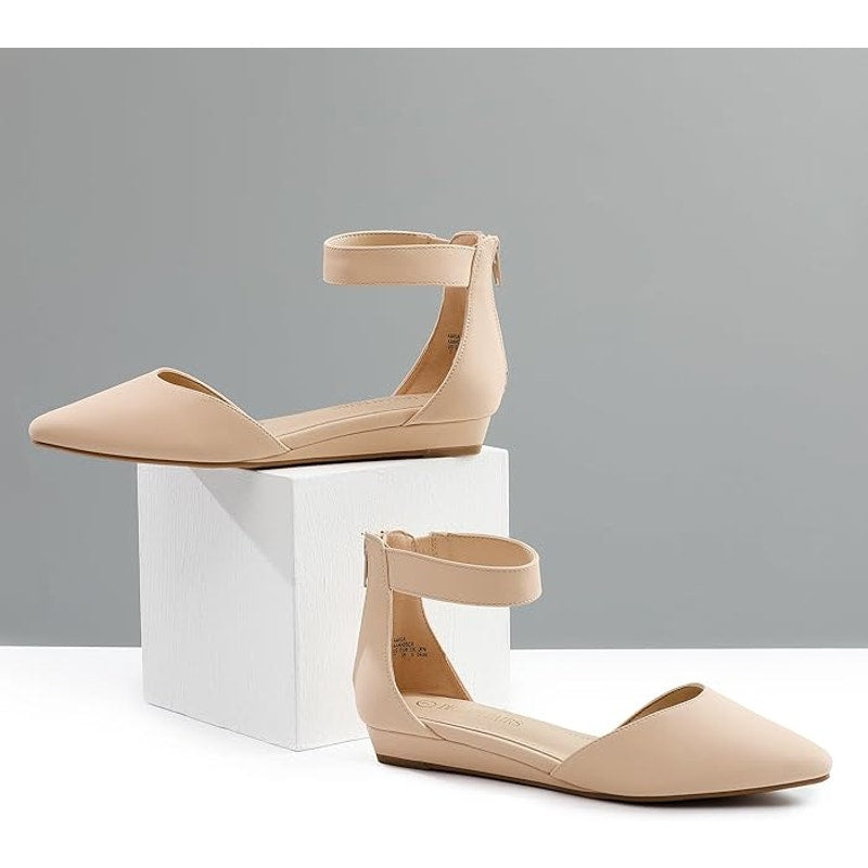 Dream Pairs Womens Size 8 Tan 1" Wedge Flats Ankle Strap Pointed Toe Shoes