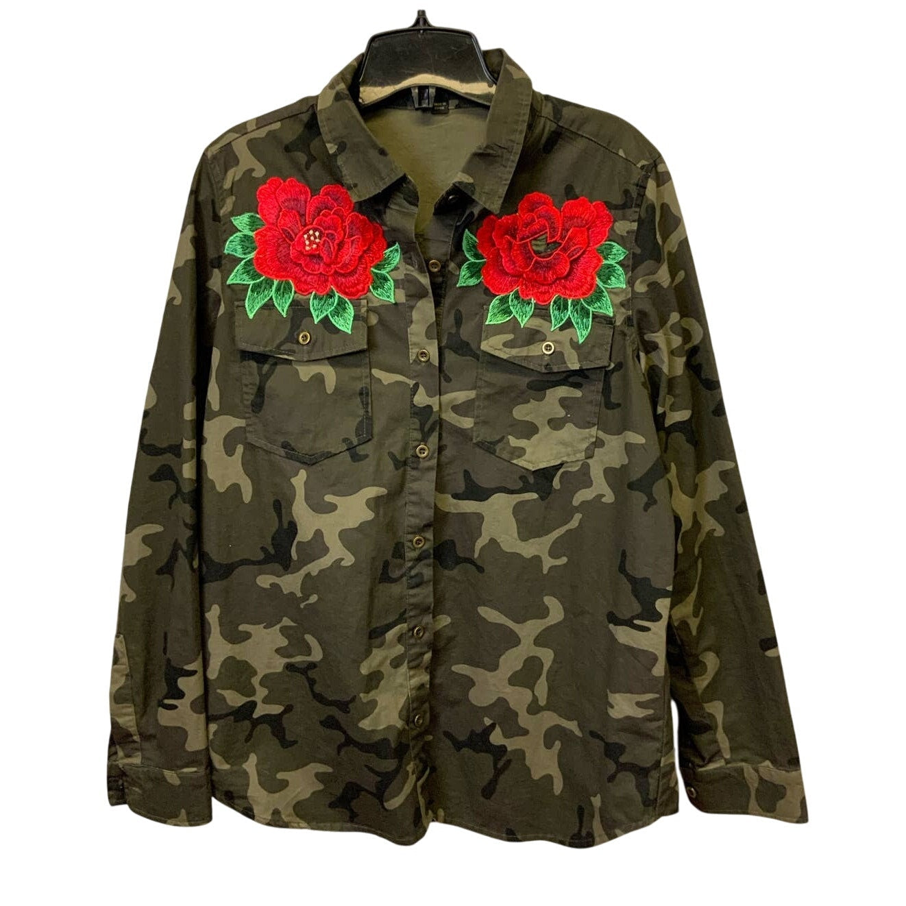 Love Tree Small Long Sleeve Embroidered Flower Camouflage Button Down Shirt