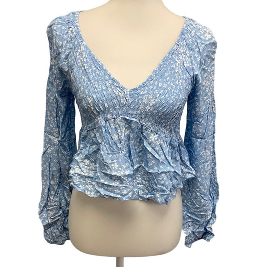 LA Hearts Womens Medium Ruffled Long Sleeve Cropped Floral Smocked Blouse Shirt