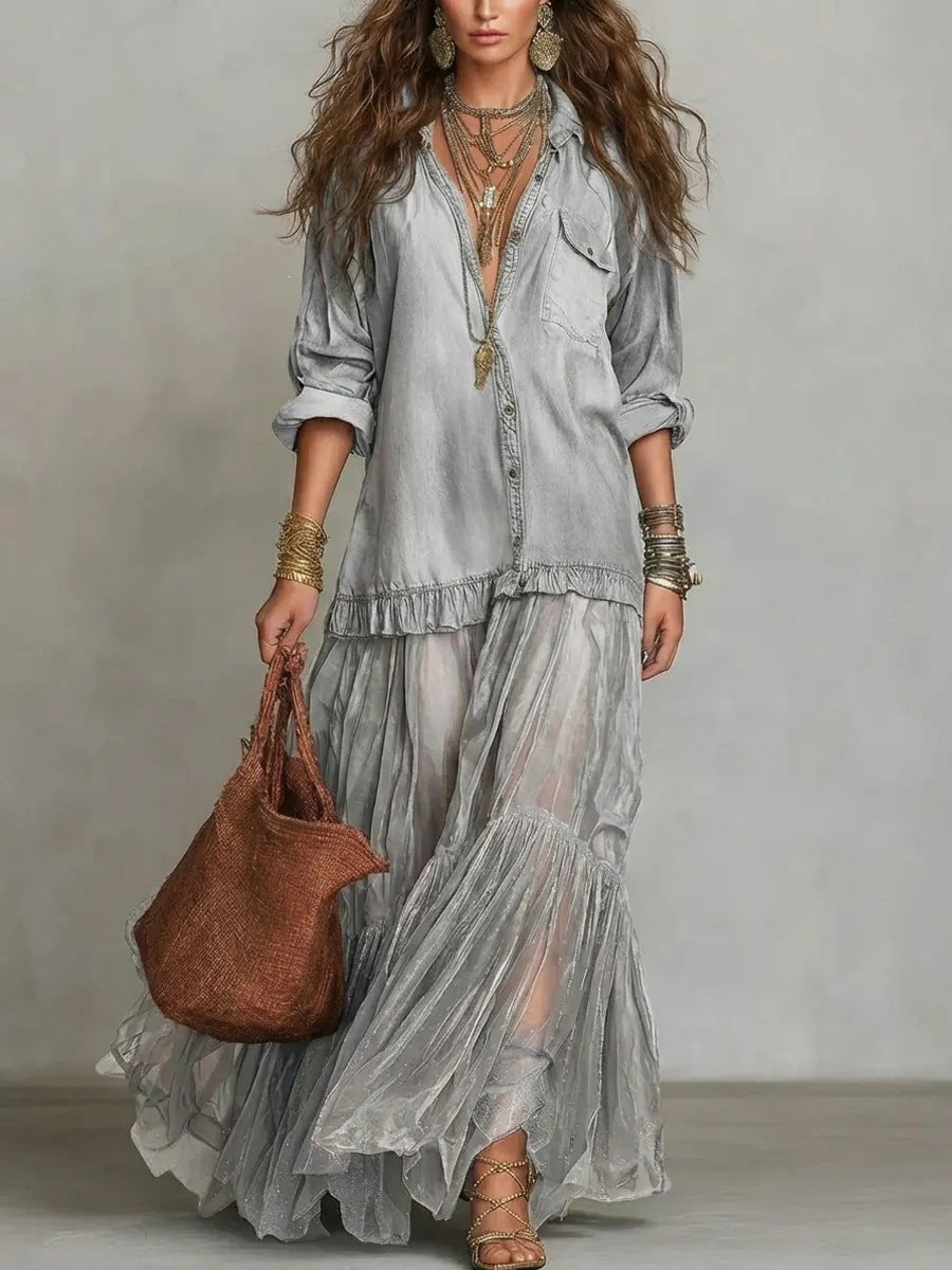 Women's Retro Lapel Collar Faux Denim Maxi Dress Casual Pocketed Dress